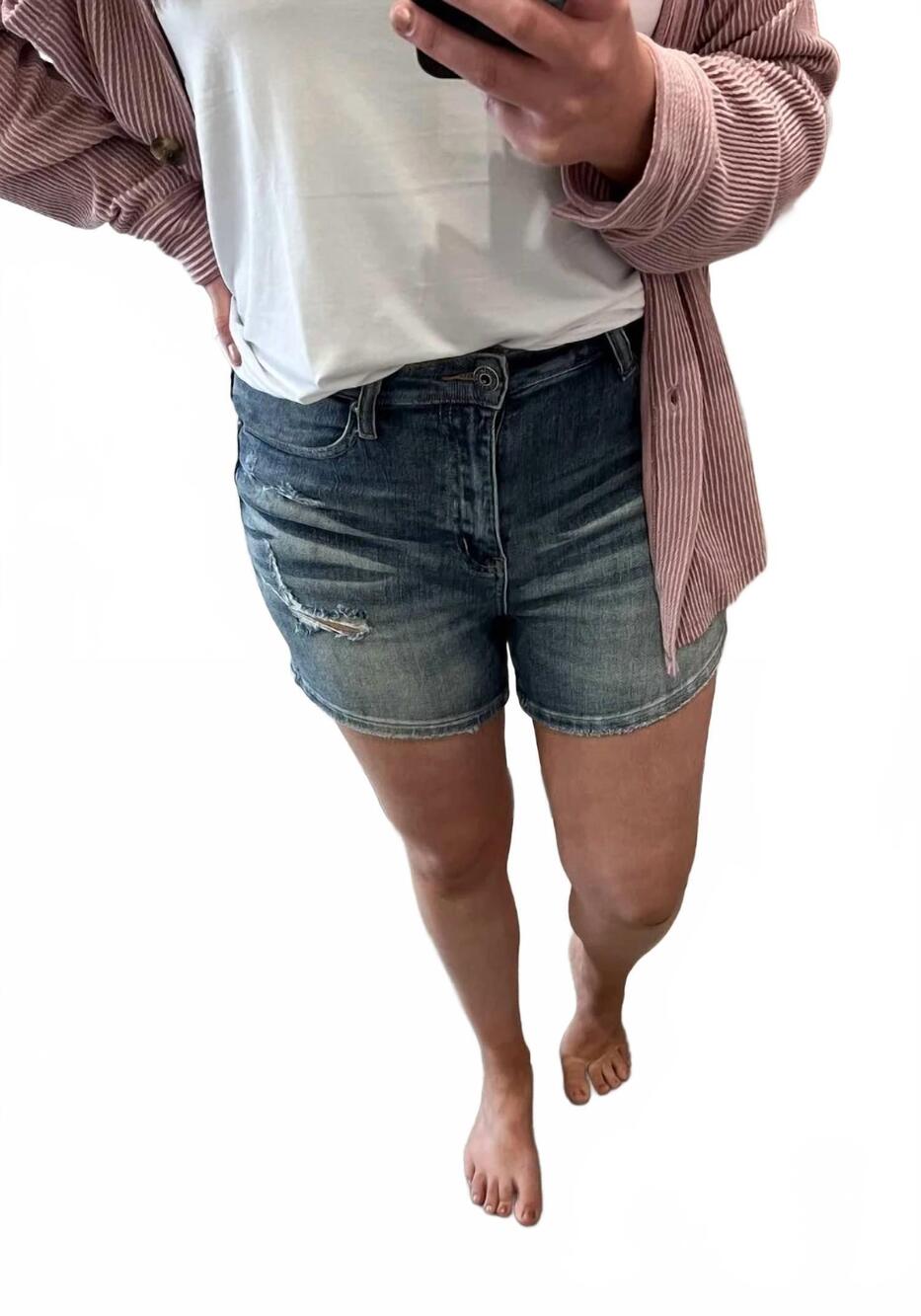 NEW RISEN high rise vintage wash shorts in blue
